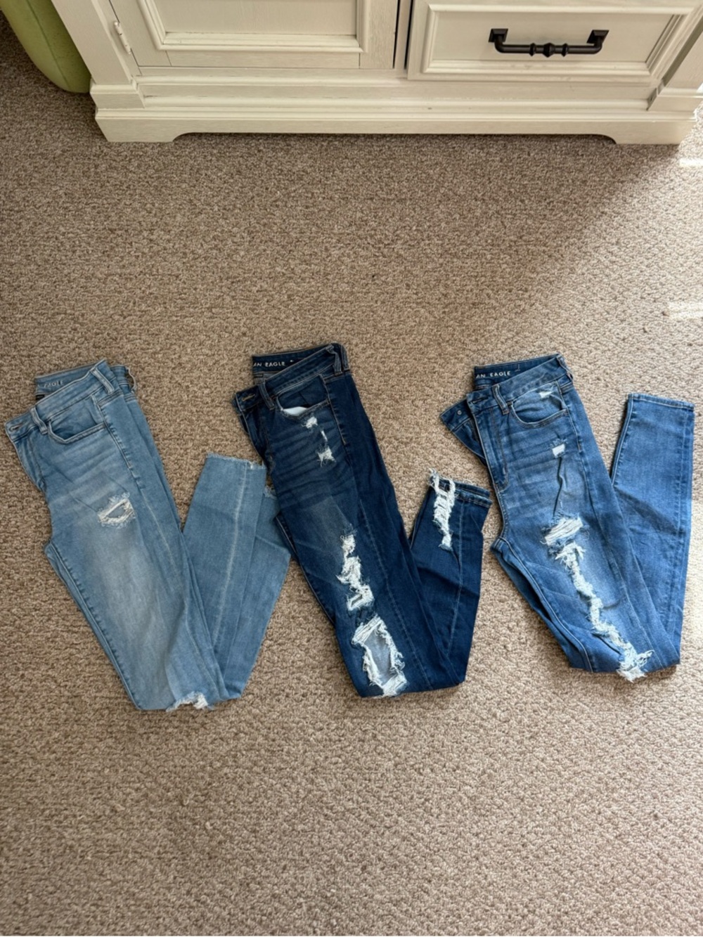 LOT OF 3 American Eagle 8 Xlong Distressed Skinny Jeans Light, Medium, Dark Wash